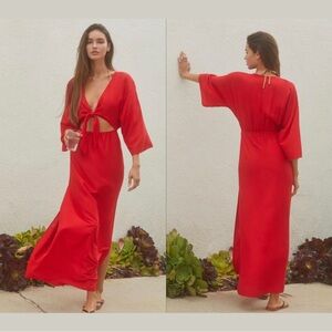 anthropologie front tie cut out red maxi dress